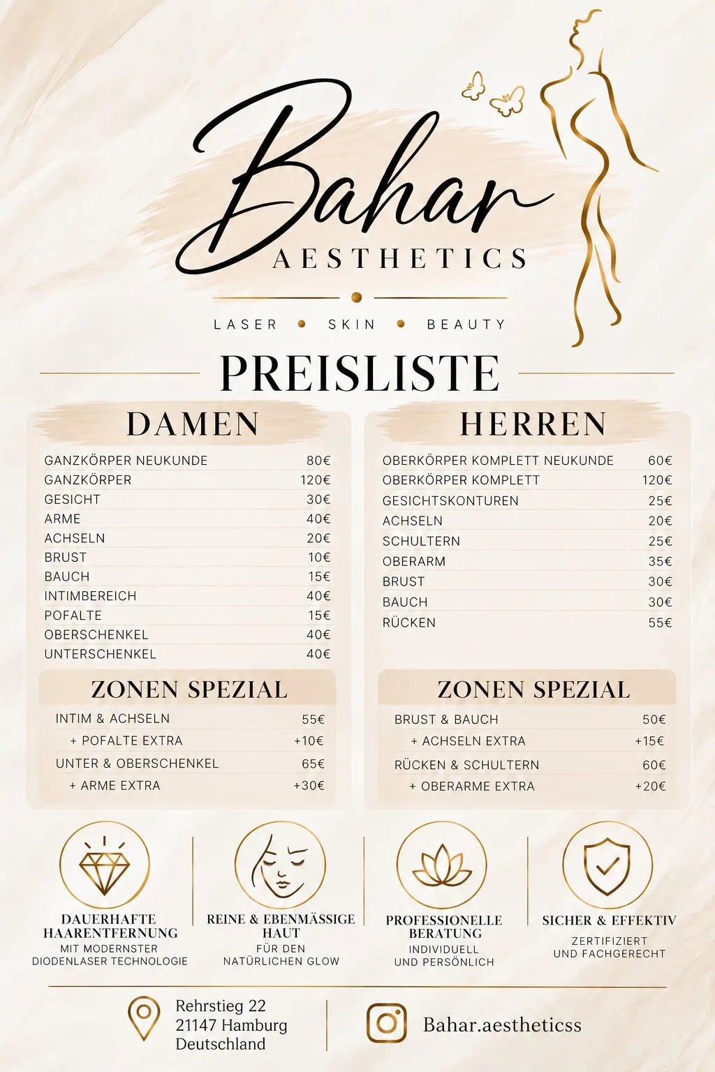 Originale Preisliste von Bahar Aesthetics mit Preisen für Damen, Herren, Einzelzonen und Spezialzonen. Alle Preise stehen zusätzlich als Text auf dieser Seite.
